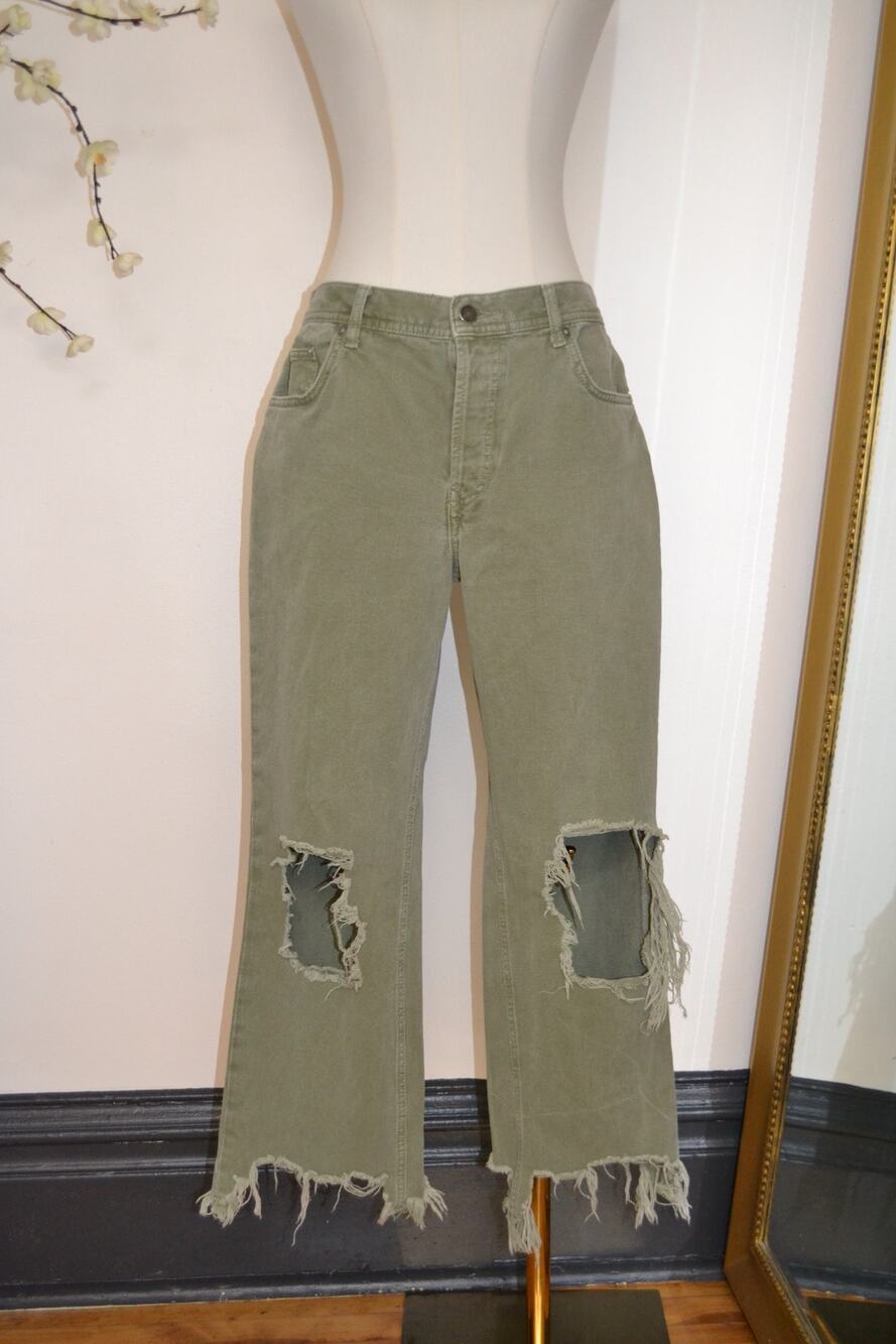Free People We The Free Army Khaki Green Raw Hem Boho Grunge Jeans Size 29